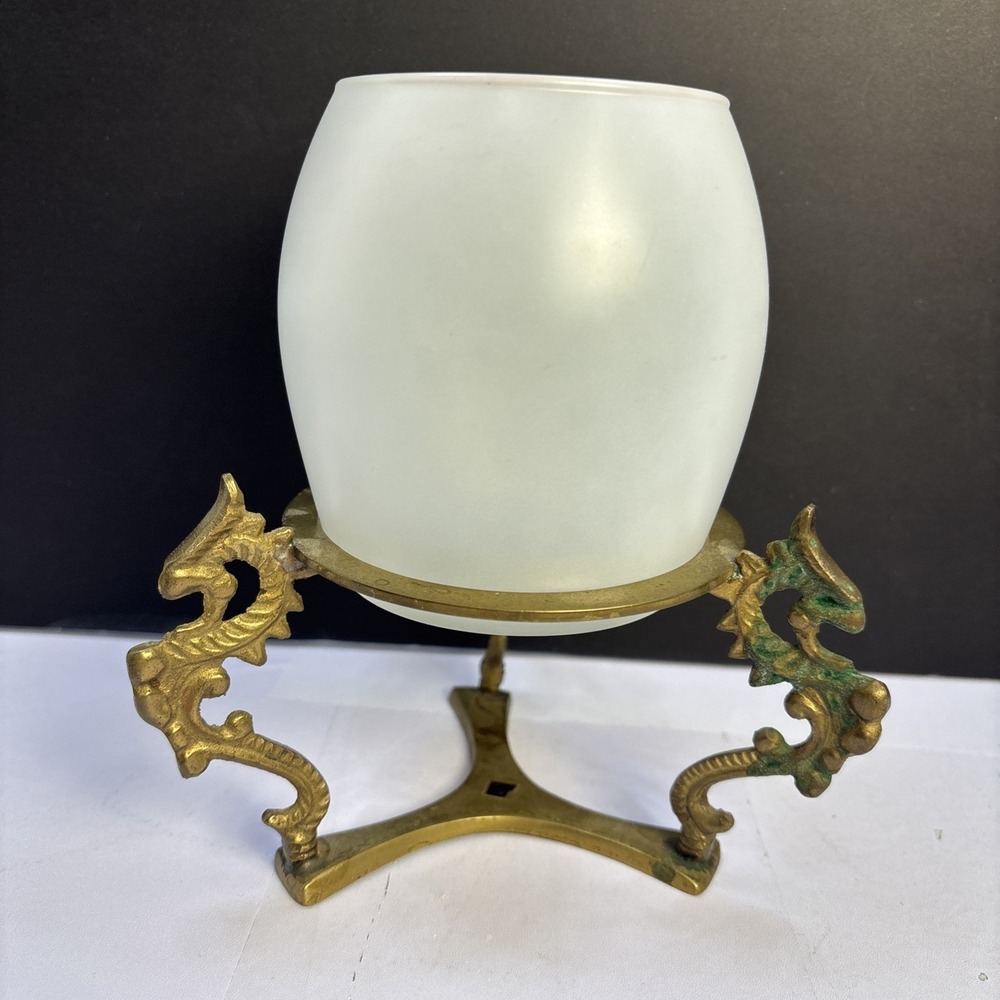 MCM Three Dragon Brass Etched Stand With Glass Candle Holder Tripod India 7"